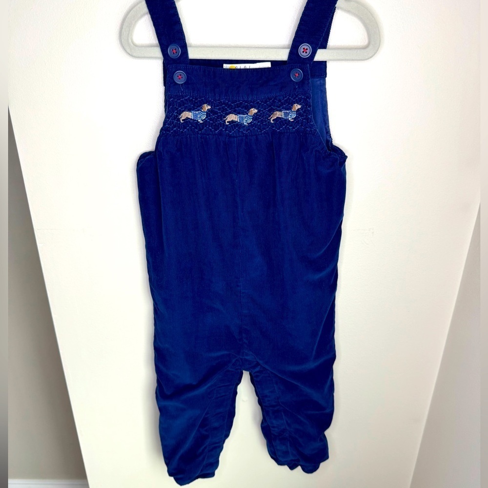 Mini Boden Navy Dog Smocked Overalls Size 18-24M